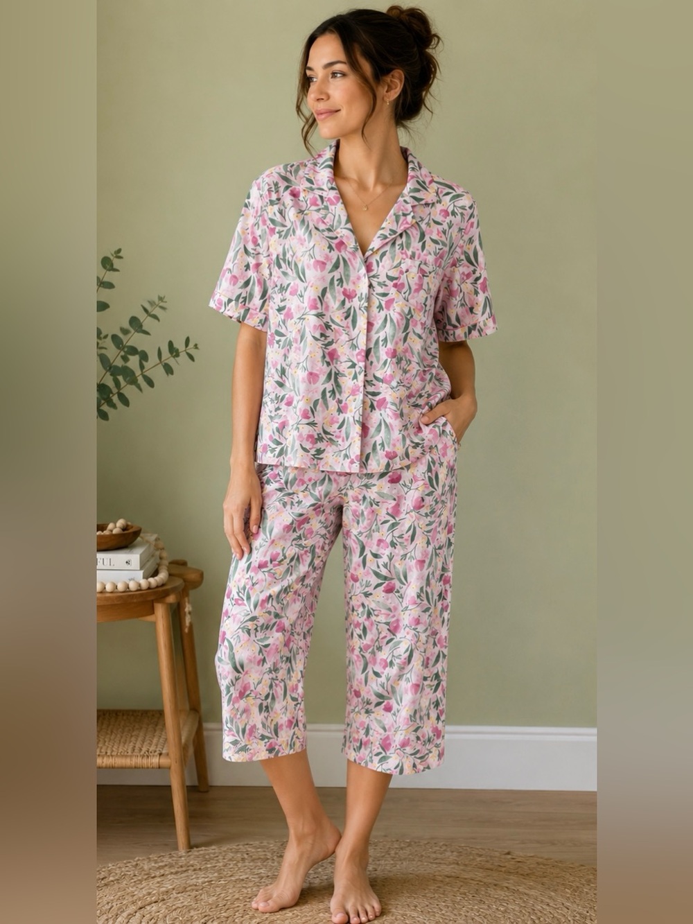 NEW Super Soft Pink Floral Capri Pajama Set Women’s Button Front Loungewear LG